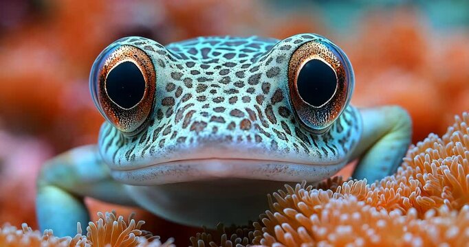 Close-up of a frogfish in a coral reef, showcasing its vibrant colors and unique features.