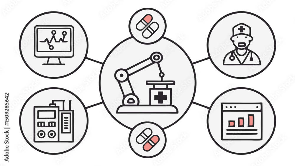 Poster robotic arm assembling medicine with doctor monitor and machine in a connected network design