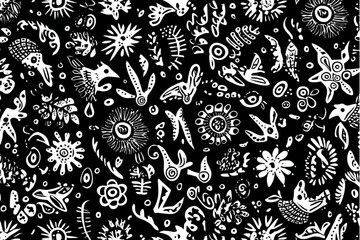 A black background filled with various white floral and abstract shapes in a seamless pattern style