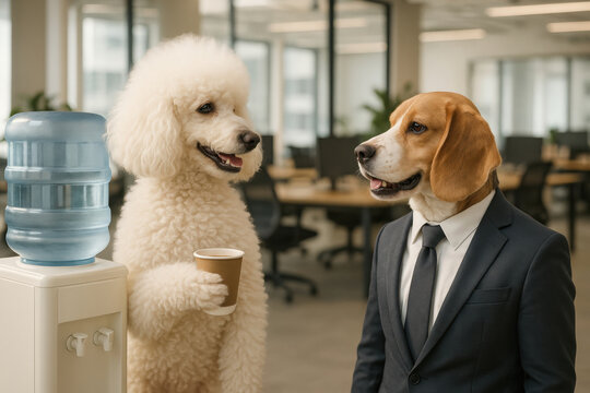 Humorous Office Scene with Poodle and Beagle in Business Attire