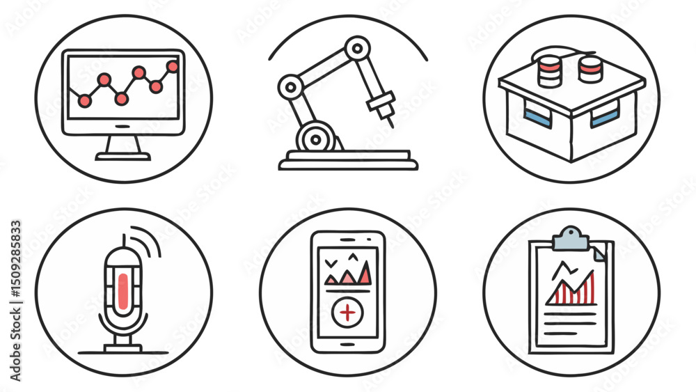Poster collection of technology and industry themed icons featuring data charts robotics and communication 