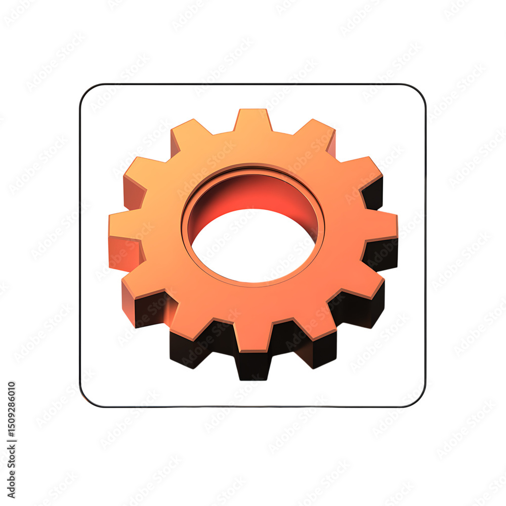 Poster an orange gear icon representing process and workflow on a reflective on transparent background