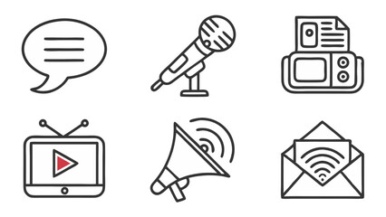 Outline icons depicting communication media including speech bubble microphone printer television and email