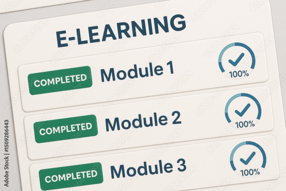 Poster e-learning module completion showcase with 100% achievement