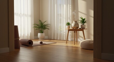 Sunlit zen interior scene with plants, aroma diffuser, and yoga mat ambiance