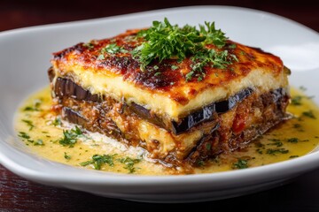 Moussaka Auberginen Auflauf Griechisches Gericht Hackfleisch Bechamel Ofengericht Mittelmeerk&uuml;che Schichtauflauf Hausgemacht Griechische K&uuml;che Traditionell &Uuml;berbacken Deftig Herzhaft S&auml;ttigend