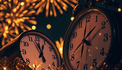 Festive countdown, analog clocks amidst shimmering, celebratory light bursts