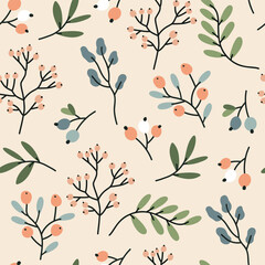 Fashionable seamless pattern with delicate twigs, leaves and berries. Flat vector illustration