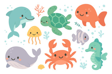 Vector illustration of cute underwater creatures: dolphin, turtle, whale, fish, jellyfish, crab, seahorse, and coral. Ideal for kids’ marine-themed designs, educational materials