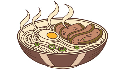Steaming bowl of ramen with noodles egg meat and green onions in a brown patterned bowl design element