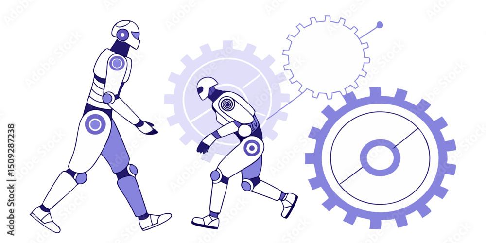 Poster two humanoid figures walking with gears in the background suggesting a mechanical or automated proce