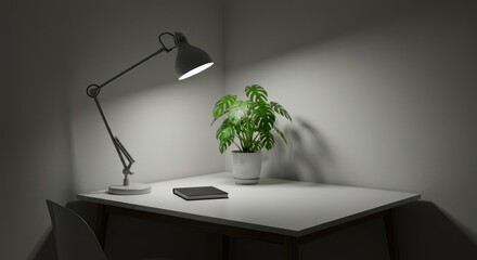 Workspace Illumination: Desk Lamp, Monstera Plant, and Minimalist Composition
