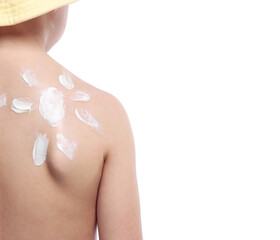 Little boy with sun protection cream on his skin against white background, back view