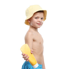Little boy with tube of sun protection cream on white background