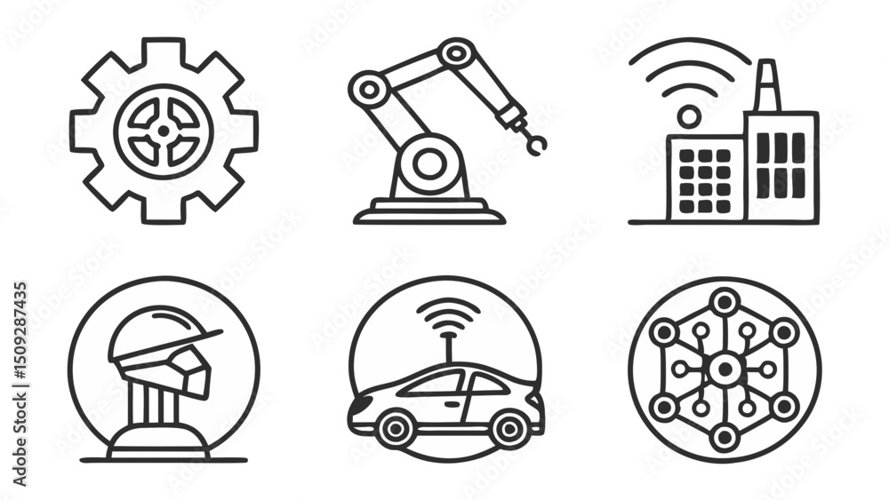 Poster a set of six distinct icons representing industry automation and modern technology concepts in outli