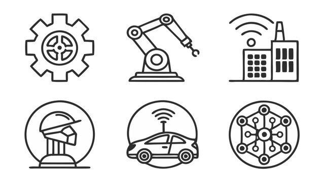 A set of six distinct icons representing industry automation and modern technology concepts in outline style