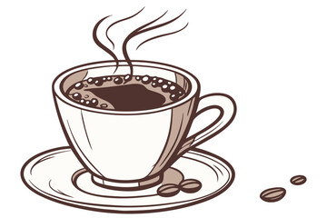 Obraz premium A steaming cup of dark brew atop a saucer with scattered beans is ready to be savored and enjoyed