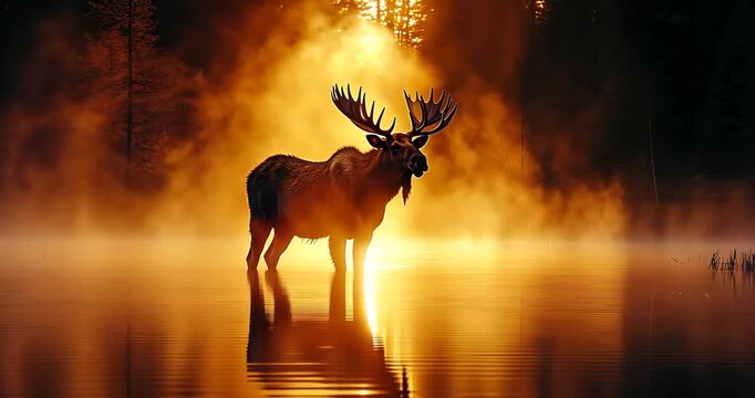 A majestic moose stands in a misty lake at sunset, creating a serene and breathtaking scene.