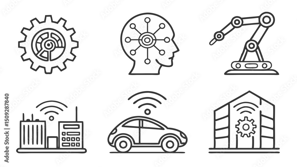 Aufkleber depiction of various automated technology elements including robotics, ai and wireless connectivity