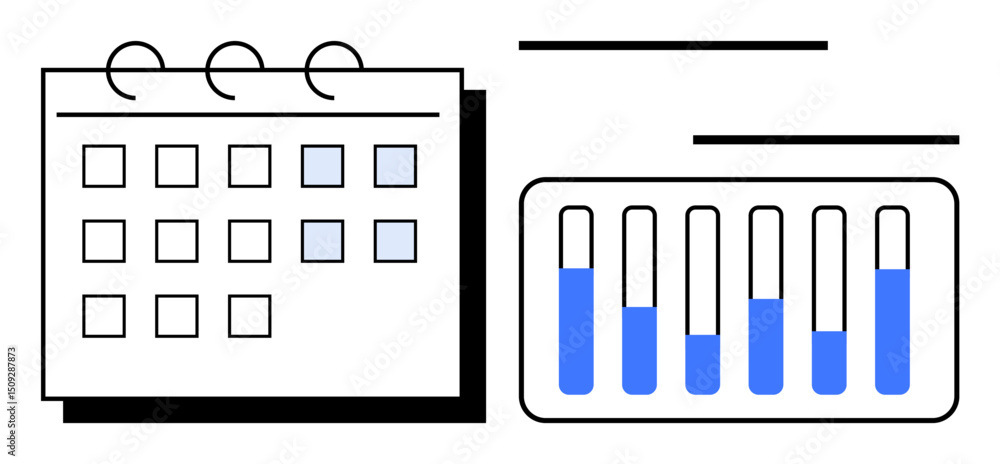 Poster calendar with marked days and a horizontal bar chart visualizing data progress. ideal for planning, 