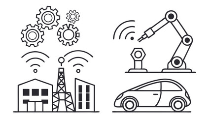 Outline drawing showing gears buildings with antenna robotic arm and car representing industry concept