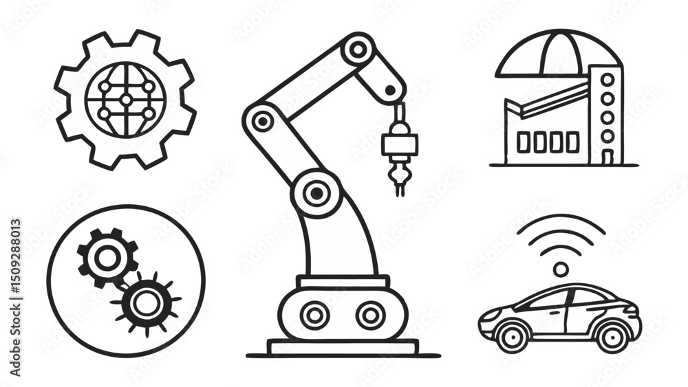 Aufkleber outline drawing showcasing factory automation with robotic arm and connected car technology theme