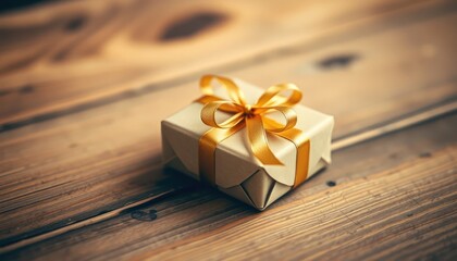 Elegant gift box adorned with golden ribbon on rustic wooden surface