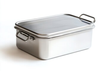 A close up of a rectangular metal lunchbox with handles on a white background