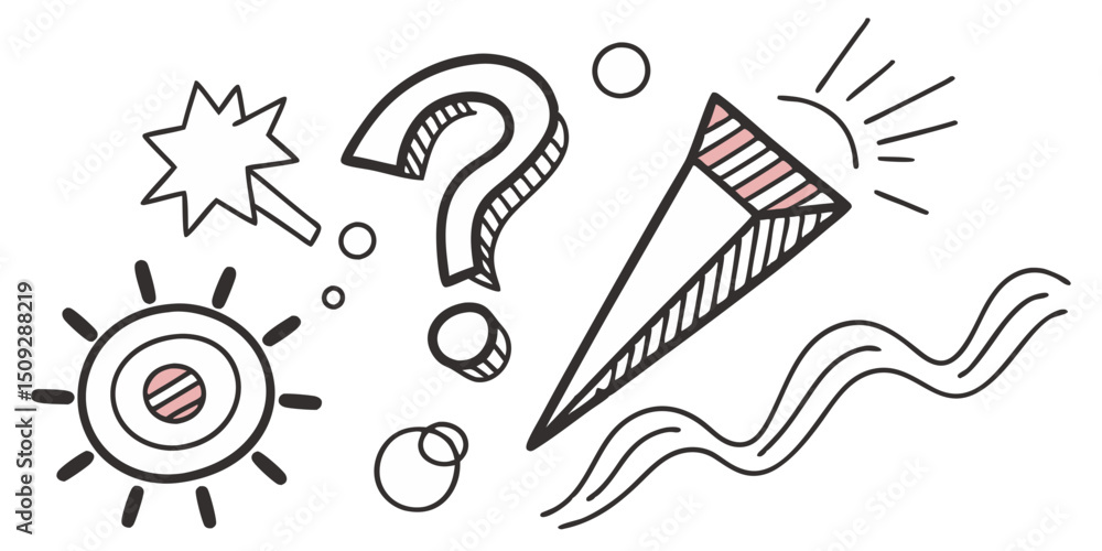 Poster hand drawn question mark with geometric shapes and wavy lines in a playful doodle style design