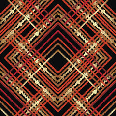 Seamless geometric embroidery striped pattern with tribal ethnic zigzag and abstract shapes, stripes in earthy tones on a black background. Rich stitched vector texture for textile, wallpaper design.