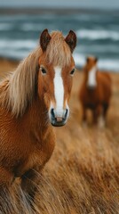 Obraz premium Majestic horses grazing near the coast on a windy day with waves crashing in the background
