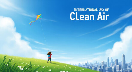 A Child's Kite Soaring High Above a Clean City - A young child flies a kite in a vibrant meadow overlooking a clean city skyline, symbolizing hope, environmental protection, a bright future