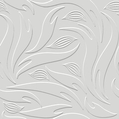 Elegant embossed floral seamless pattern in soft gray tones. Flowing curved shapes and stylized leaves create decorative background with a 3D paper cut look. Endless grunge modern relief texture.