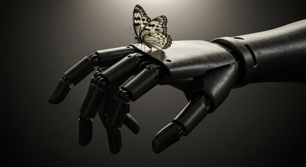 The symbiosis between technology and nature depicted by a robotic arm and butterfly