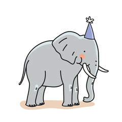 Funny elephant in a party hat. Vector illustration in flat style, perfect for holiday design.