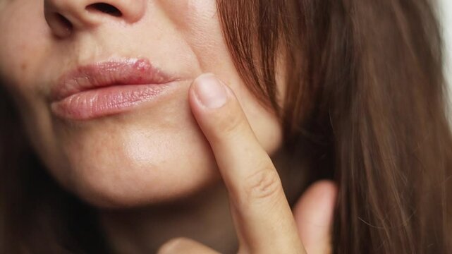 Woman Applying Ointment on Her Upper Lip with Herpes. Treatment of Herpes Symptoms
