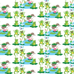 Playful Frogs by the  Lily Pond Seamless Pattern