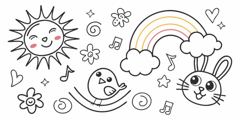 Doodle page with sun, rainbow, bunny, bird, flowers, music notes, hearts, and stars in black and white