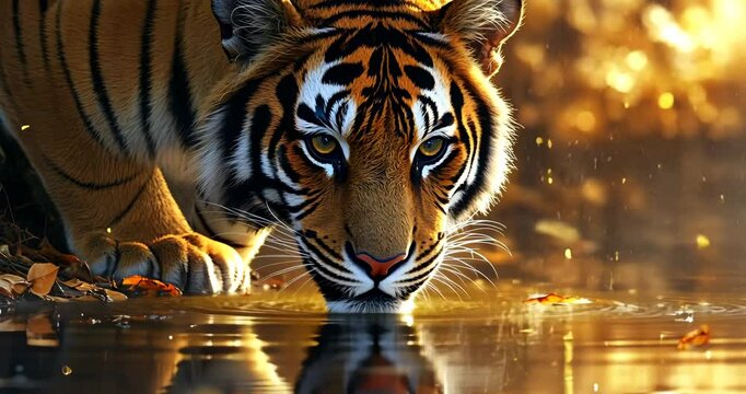 Close-up of a tiger drinking water in a golden-lit forest.