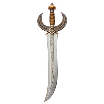 Close up of an indian khanda broad sword with ornate hilt and curved blade, isolated on a transparent background, showcasing the craftsmanship and cultural significance of traditional weaponry