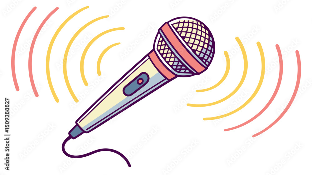 Poster close up of a microphone with sound waves emanating from it on a white background design element
