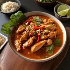 Spicy Thai Chicken Soup with Red Chilies and Fresh Herbs in a Rich Broth