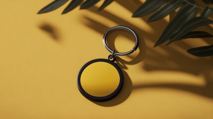 Yellow round keychain mockup with black border on yellow background.