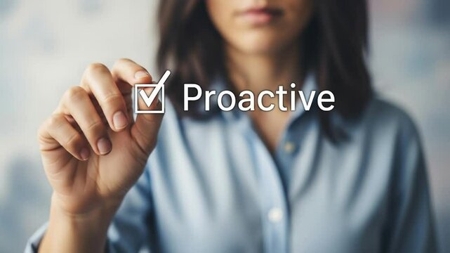 Woman in blue shirt pointing at proactive text with check mark in box on transparent surface