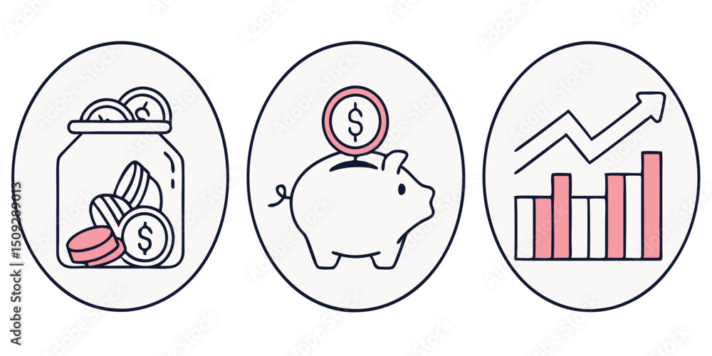 Poster three oval shapes showing a jar of coins a piggy bank and a bar graph with an upward trending arrow