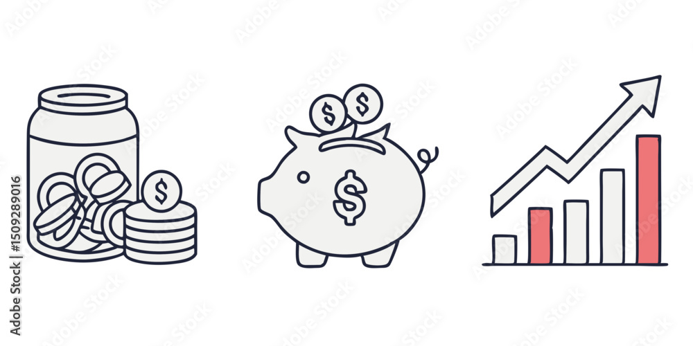 Poster outline drawing showing coins in jar, piggy bank with coins, and rising bar graph with arrow