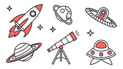 Obraz premium Collection of outer space themed doodles including a rocket, planets, telescope, and flying saucer
