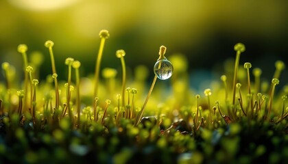 Ephemeral sphere clinging to a tiny stem amongst a verdant meadow