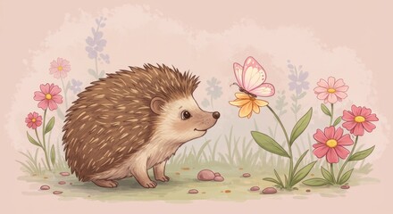 Adorable hedgehog with butterfly on a flower, a whimsical watercolor painting