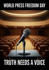 A Single Voice, A Powerful Truth - Courage, truth, freedom, speech, silence. A microphone on a podium in an empty hall symbolizes the importance of speaking truth to power